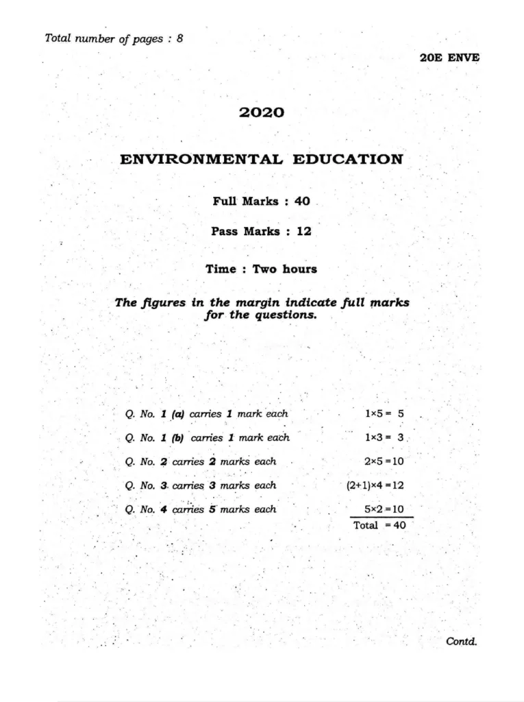 AHSEC Class 11 Environmental Education Question Paper for 2020