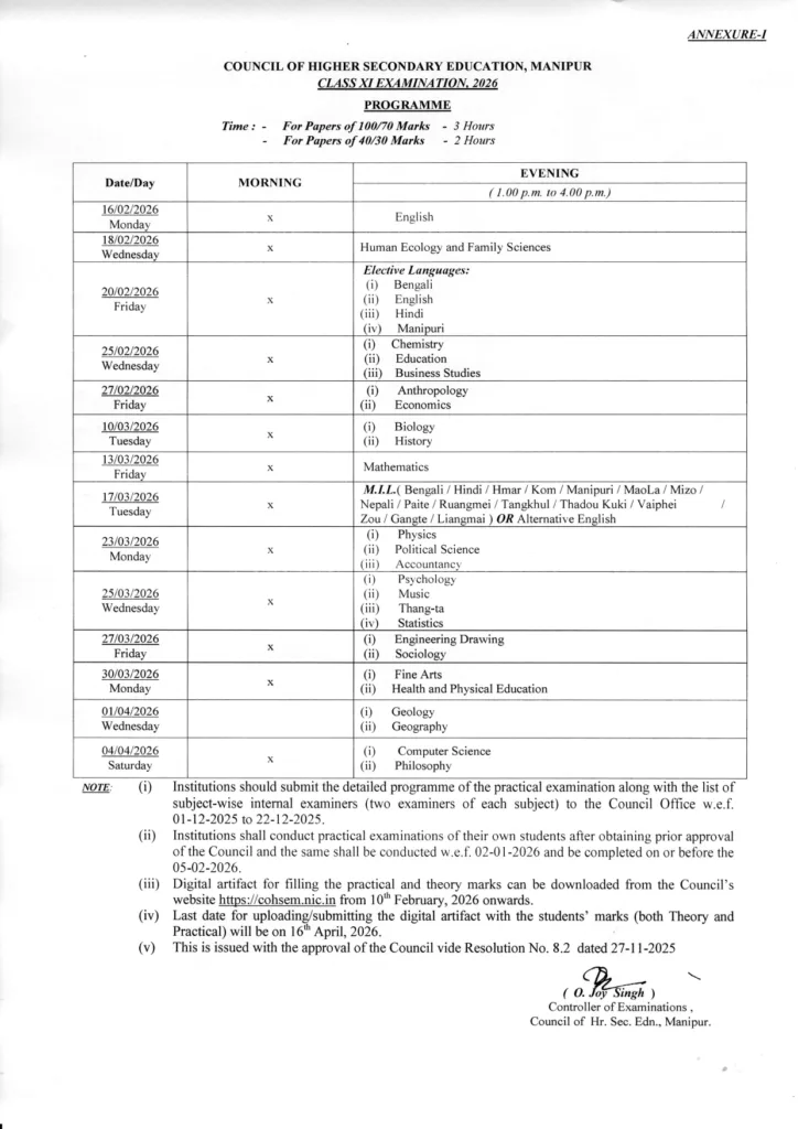 Manipur Board Class 11 Time Table 2026 Released, Check COHSEM Exam Routine