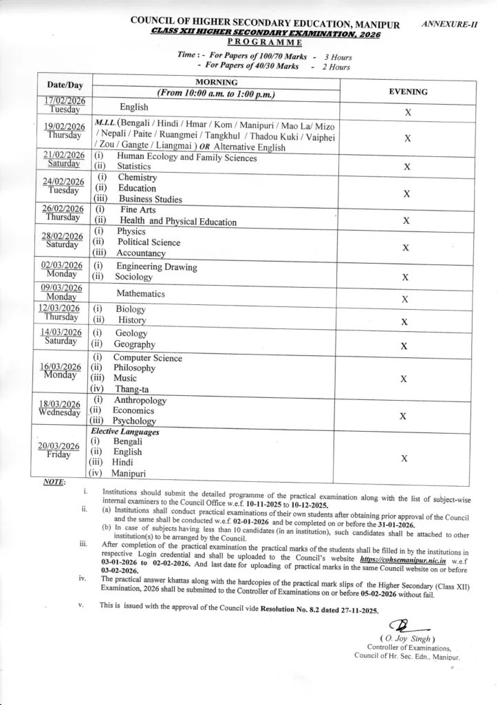 Manipur Board HSE Time Table 2026 Out, COHSEM Class 12 Exam Routine Released